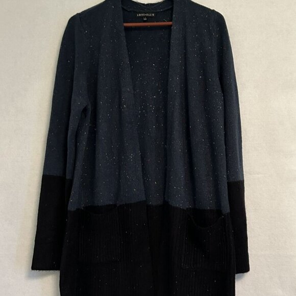 Love Ellie Long Open Cardigan Blue Black Confetti Two Pockets NWOT Size Large - Picture 1 of 11